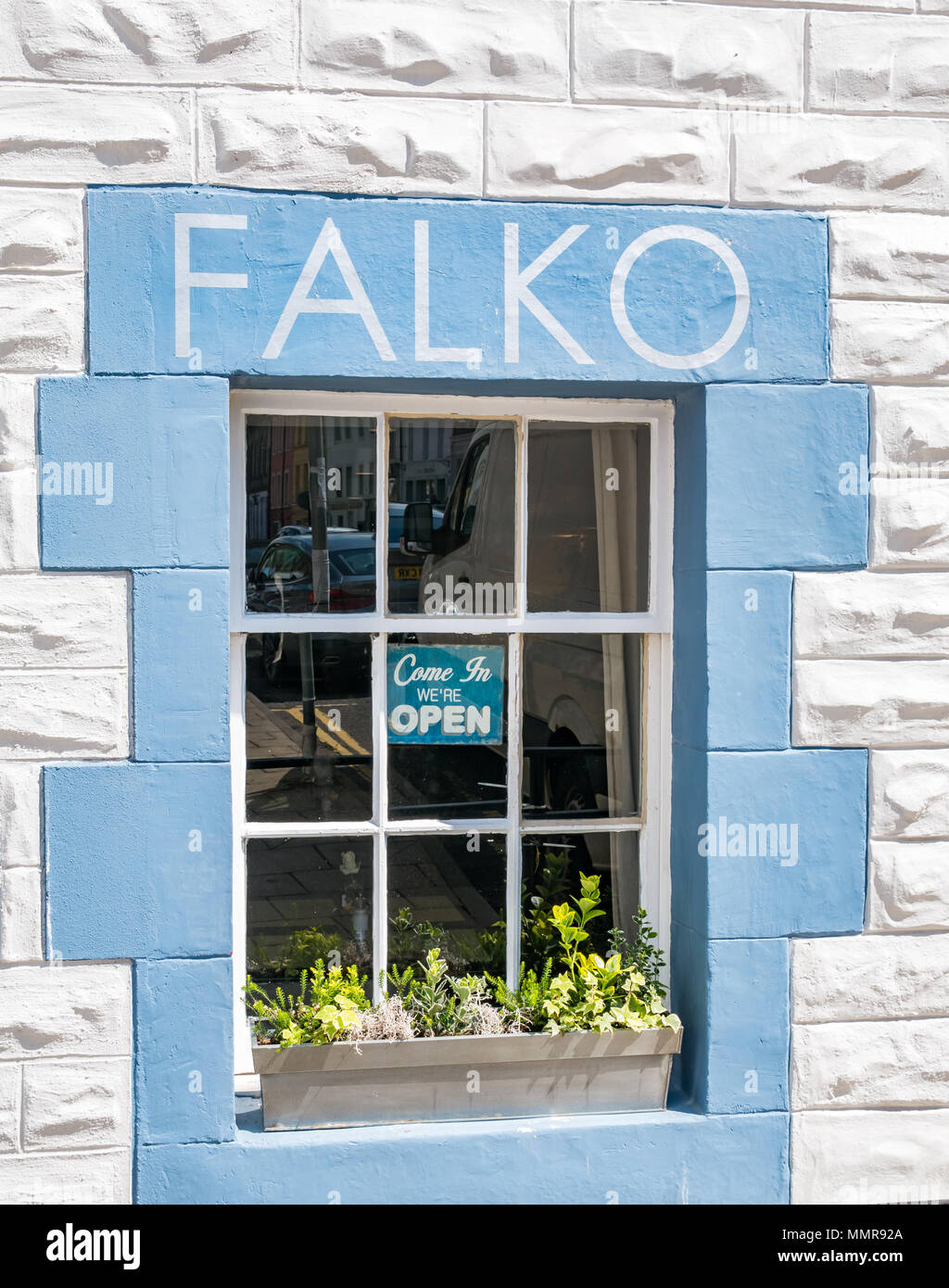 Old fashioned building window, Falko Konditormeister pastry shop and cafe, Market Street, Haddington, East Lothian, Scotland, UK Stock Photo