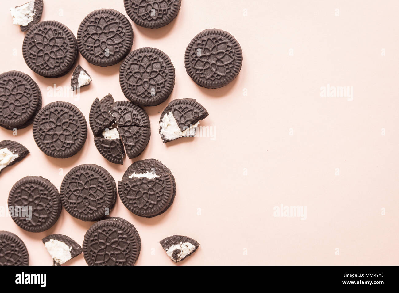 Oreo (chocolate and cream) cookies on pink pastel background, top view  Stock Photo - Alamy