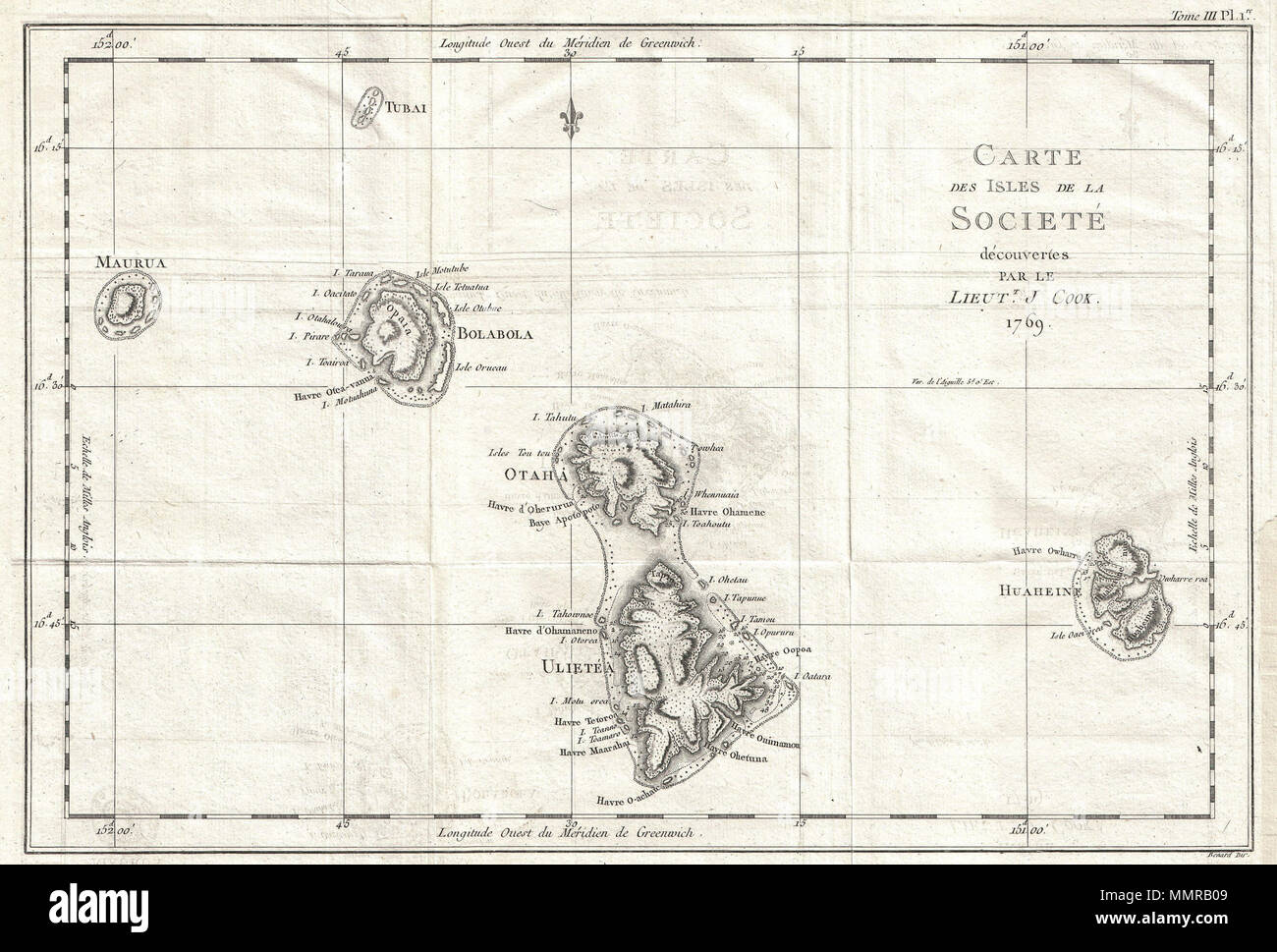 map of the Society Islands, composed by James Cook on his first voyage.  Consists of the islands of Maurua, Tubai, Bolabola, Otaha, Ulietéa and  Huaheine. This group was identified by Cook in