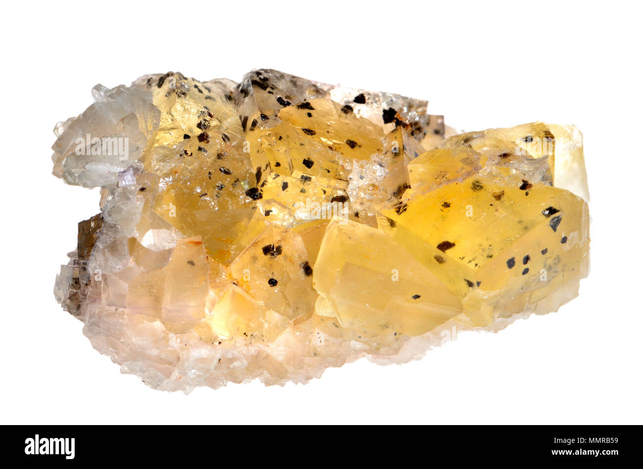 Yellow Flourite crystals with traces of galena and pyrite from Arkengarthdale, England Stock Photo