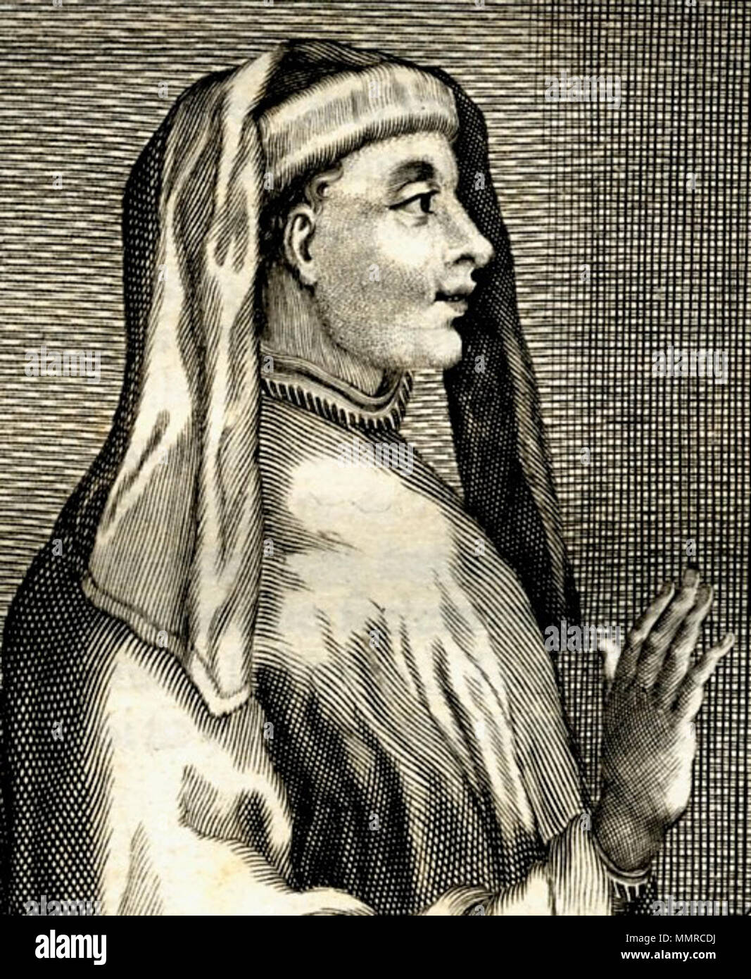 .  English: Cropped portrait of Guiniforte Barzizza (Pavia, 1406 - Milan, 1463), Italian humanist scholar and teacher of Galeazzo Maria and Ippolita Maria Sforza. An earlier version of this engraving was published in Scena letteraria de gli scrittori bergamaschi in 1664. This reversed copy was made for the 1723 Gasparini Barzizii Bergomatis Et Guiniforti Filii Opera, and a copy was made in 1783 by Vincenzo Angelo Orelli, in oil on canvas.  . Publ. 1723.. Barzizza-guiniforte-anton-fritz-1723-detail Stock Photo