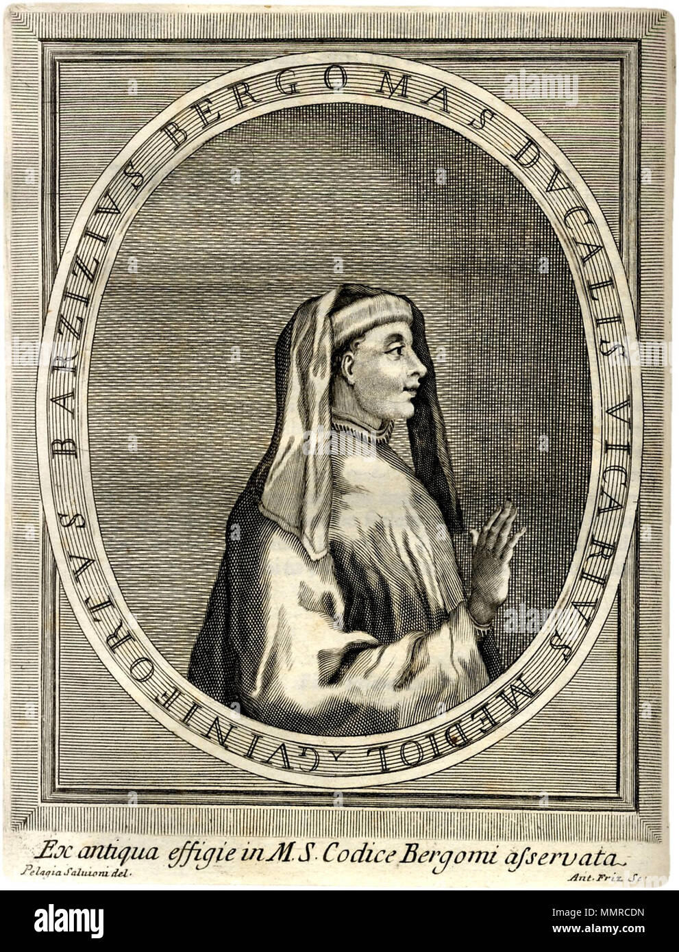 . English: Portrait of Guiniforte Barzizza (Pavia, 1406 - Milan, 1463), Italian humanist scholar and teacher of Galeazzo Maria and Ippolita Maria Sforza. An earlier version of this engraving was published in Scena letteraria de gli scrittori bergamaschi in 1664. This reversed copy was made for the 1723 Gasparini Barzizii Bergomatis Et Guiniforti Filii Opera, and a copy was made in 1783 by Vincenzo Angelo Orelli, in oil on canvas.  . Publ. 1723.. Designed by Salvioni; engraved by Anton Fritz. Barzizza-guiniforte-salvioni-anton-fritz-1723 Stock Photo
