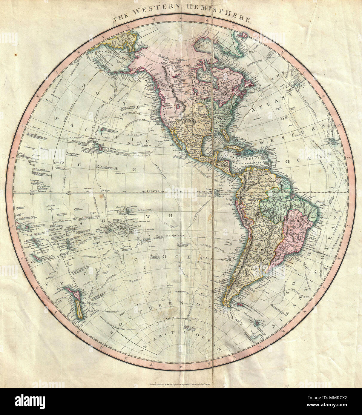.  English: An attractive example of John Cary’s spectacular 1799 map of the Western Hemisphere. Covers the entirety of North America, South America, the Pacific Ocean and much of Polynesia. Europe is mapped according to early 19th century form. In North America the fledgling United States extends westward only so far as the Mississippi River. Florida is divided at the Apalachicola River into eastern and western sections. West Florida, ostensibly part of the Louisiana Purchase, was claimed by the Spanish and remained under their control until 1812. East Florida remained under Spanish control u Stock Photo
