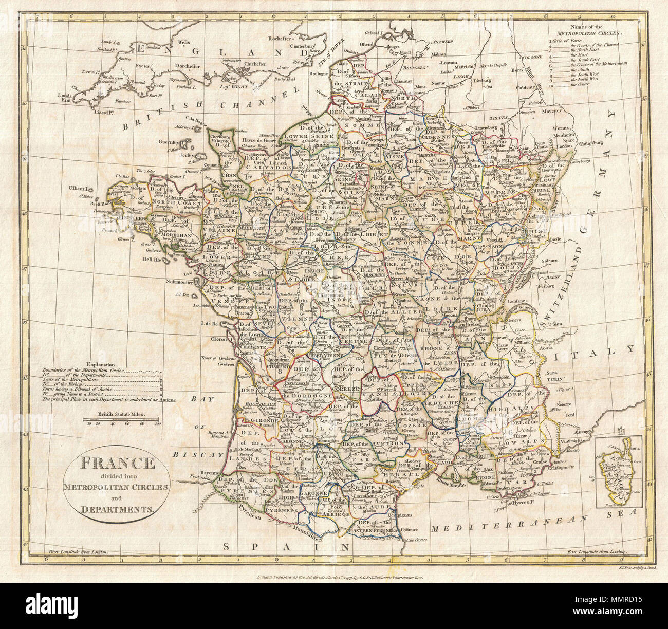 . English: A fine 1799 map of France divided into Metropolitan Circles and Departments by the English map publisher Clement Cruttwell. The French Department system was established on March 4th, 1790 by the National Constituent Assembly to replace the provinces with what the Assembly deemed a more rational structure. They were designed to deliberately break up France's historical regions in an attempt to erase cultural differences and build a more homogeneous nation. Initially there were 83 departments but by 1800 that number increased to rougly 130. Many of the departments that were created in Stock Photo