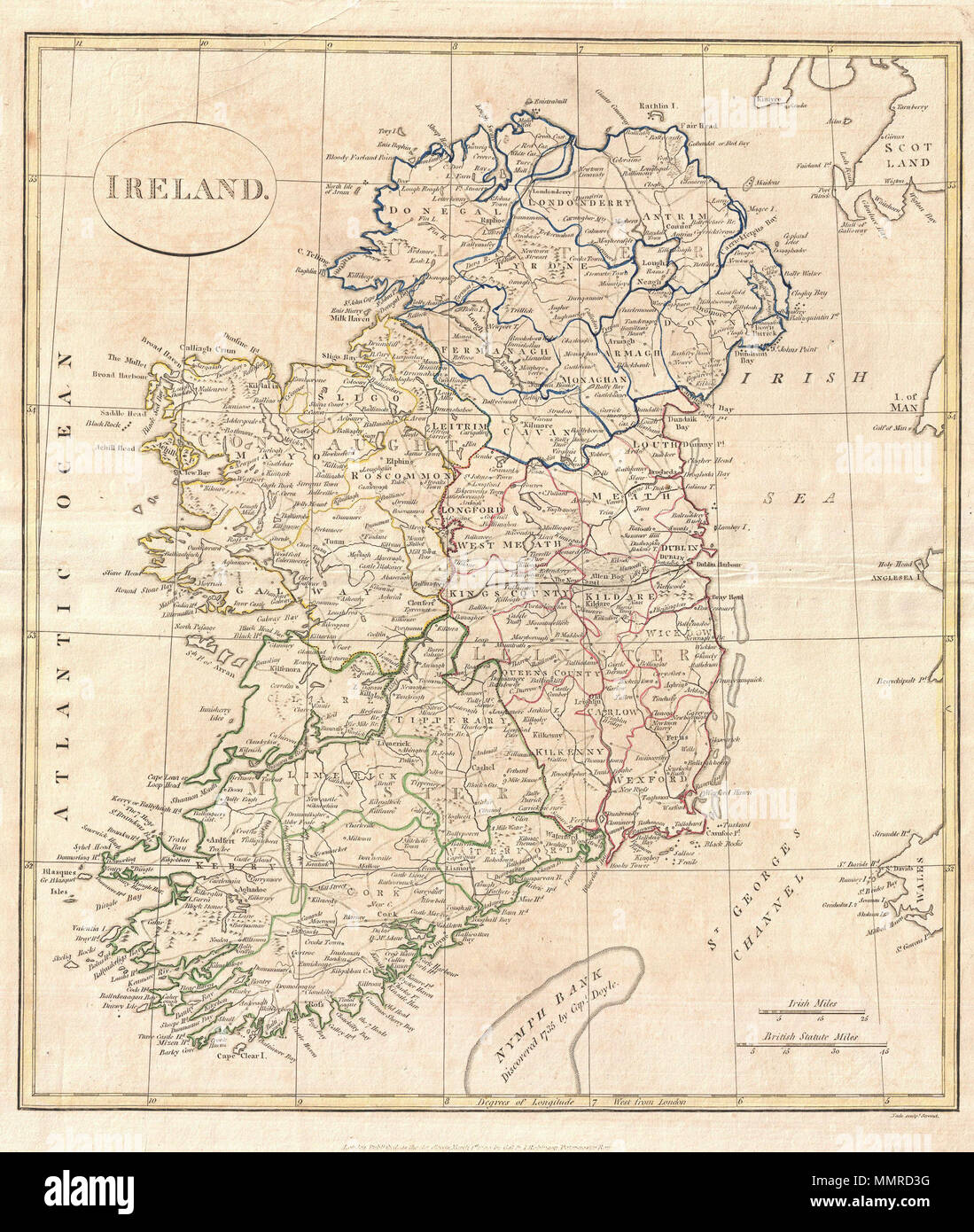 .  English: A fine 1799 map of Ireland by the English map publisher Clement Cruttwell. Map shows Ireland's four provinces, which remain the same to this day. In the north is Ulster, Connaught in the west, Leinster in the east, and Munster in the south. Leinster is comprised of Carlow, Dublin, Kildare, Kilkenny, Laois, Longford, Louth, Meath, Offaly, Westmeath, Wexford and Wicklow. Munster is made up of Clare, Cork, Kerry, Limerick, Tipperary and Waterford. In Connaught are Galway, Leitrim, Mayo, Roscommon and Sligo. Antrim, Armagh, Down, Fermanagh, Londonderry, Tyrone, Cavan, Donegal, and Mona Stock Photo