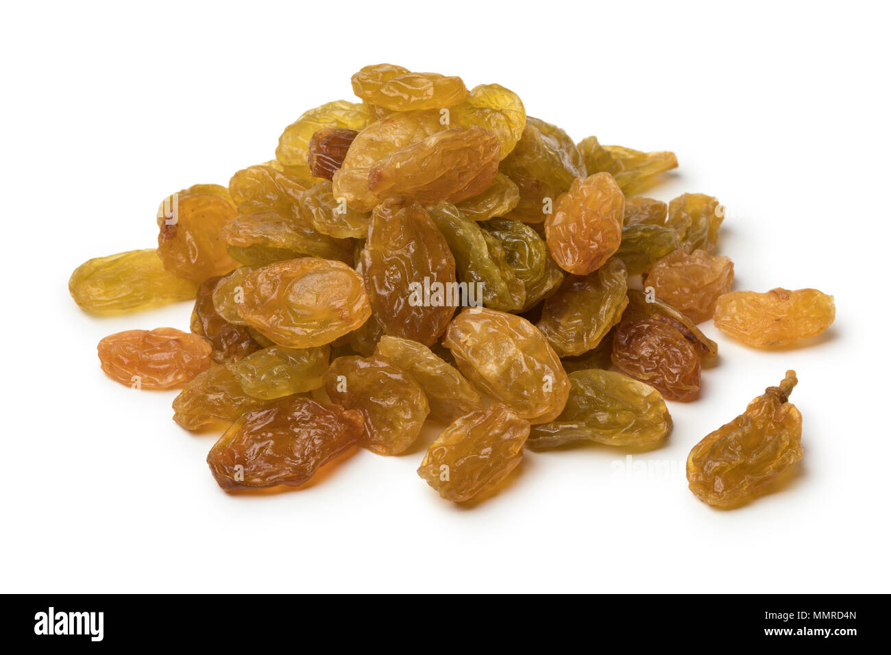 Heap of golden yellow jumbo raisins isolated on white background Stock Photo