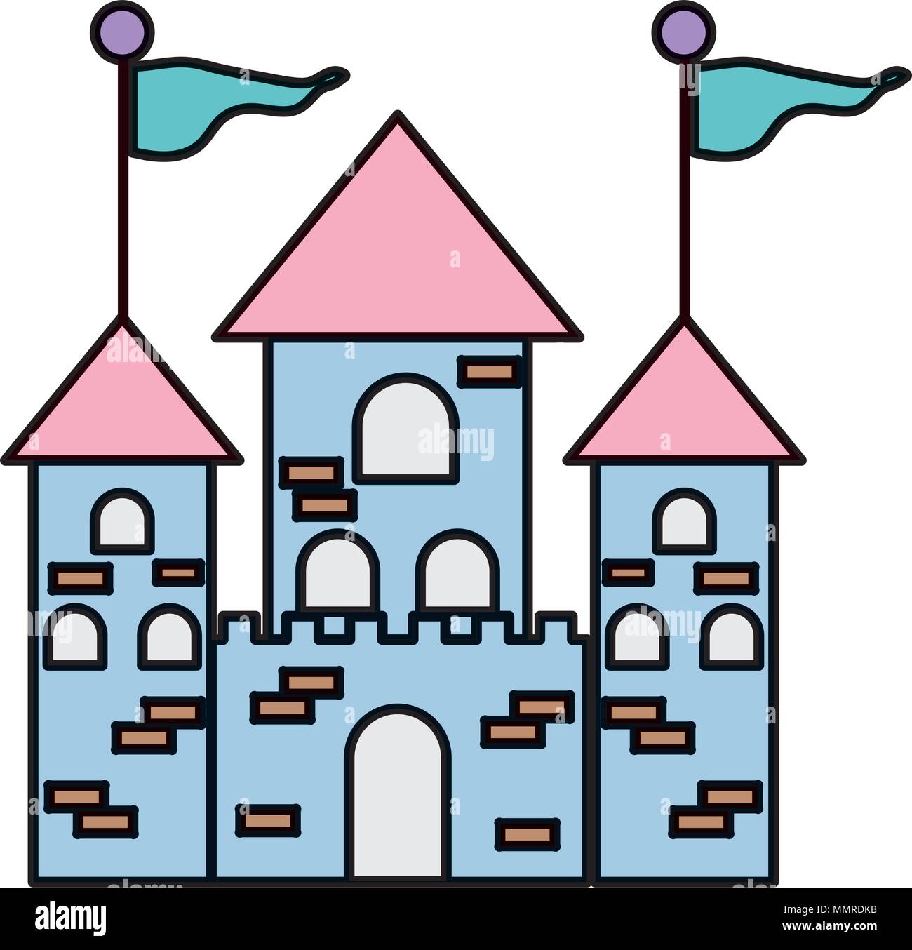 color medieval castle building with flags and windows Stock Vector