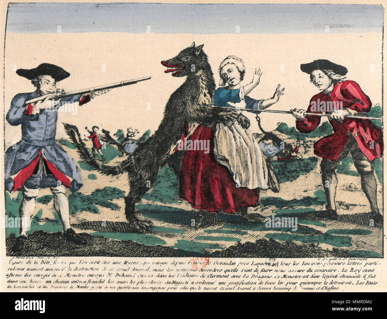 . English 18th century print depicting the Beast of Gévaudan. Français