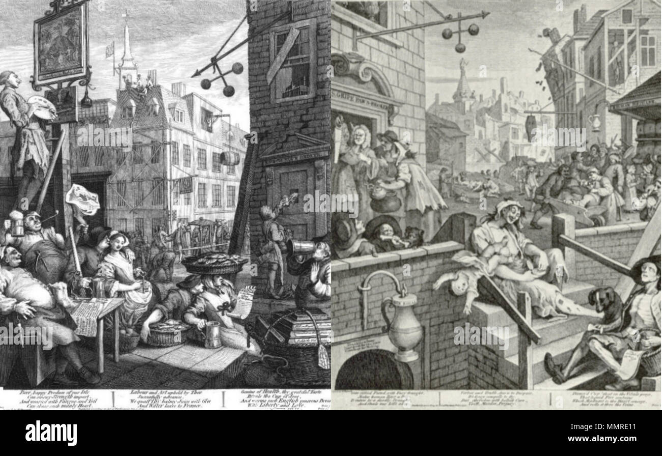 . Combined image of Beer Street and Gin Lane  . 1751.   William Hogarth  (1697–1764)       Description British painter and engraver  Date of birth/death 10 November 1697 25 October 1764  Location of birth/death London London  Work location London, Chiswick  Authority control  : Q171344 VIAF:?17268409 ISNI:?0000 0001 2099 3749 ULAN:?500004242 LCCN:?n80126106 NLA:?35201047 WorldCat Beer-street-and-Gin-lane Stock Photo
