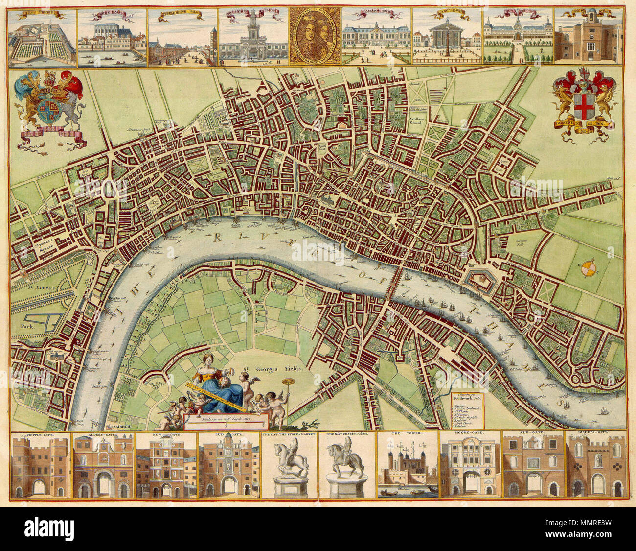 . English: 17th century map of London, originally started by W.Hollar, student of German engraver Mattheus Merian. Published in the Netherlands. It is not clear where this town plan of London was published. Judging by the double portrait at the top, the map was published after Parliament installed joint monarchs William III and Mary Stuart in 1689. The map was composed by the famous designer and engraver from Prague Wenceslaus Hollar (1607-1677). He adopted, and excelled in, a style best suited to chorography or delineation of cities. He received instructions from Mattheus Merian (1593-1650) i Stock Photo
