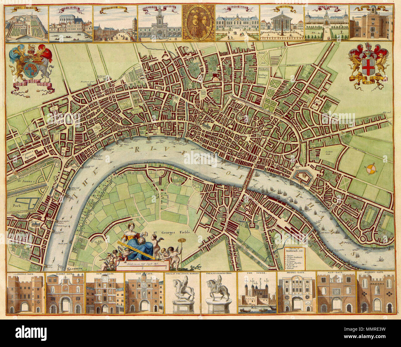 William And Mary Map English: 17Th Century Map Of London, Originally Started By W.hollar,  Student Of German Engraver Mattheus Merian. Published In The Netherlands.  It Is Not Clear Where This Town Plan Of London Was