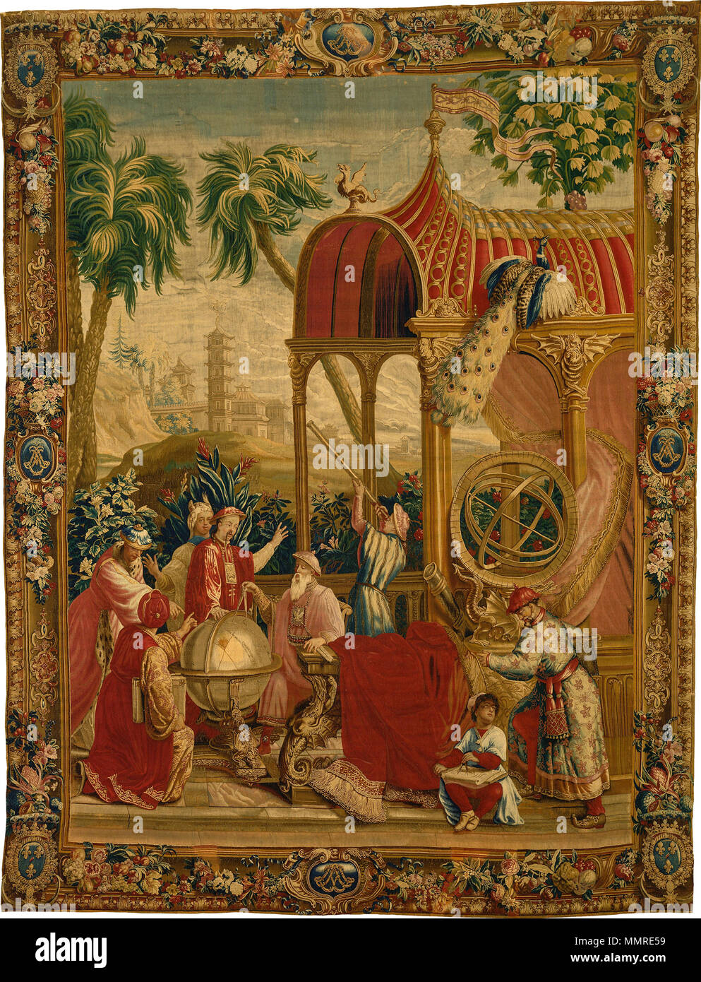 .  English: An late 17th to early 18th century tapestry done by the Beauvais Manufactory depicting Chinese astronomers at the Beijing Ancient Observatory using new more accurate instruments brought to them by Europeans (Jesuits) which were installed in 1644. BeijingObservatoryUpdateTapestry Stock Photo