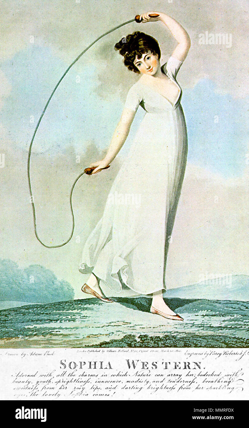 .  A March 20 1800 pin-up type print (or one of the 'fancy pieces in aquatint and stipple depicting pretty girls in flimsy dresses [which] formed a large part of the business of many printsellers at the turn of the nineteenth century', as it's described in the book English Prints for the Collector by Stephen Calloway). Engraved by J.C. Stadler and Piercy Roberts after a drawing by Adam Buck (Adam Buck and Angelica Kauffmann were apparently two of the most popular early 19th-century 'pinup' artists, though that word hadn't yet come into use then). Caption at bottom: 'SOPHIA WESTERN: Adorned wit Stock Photo