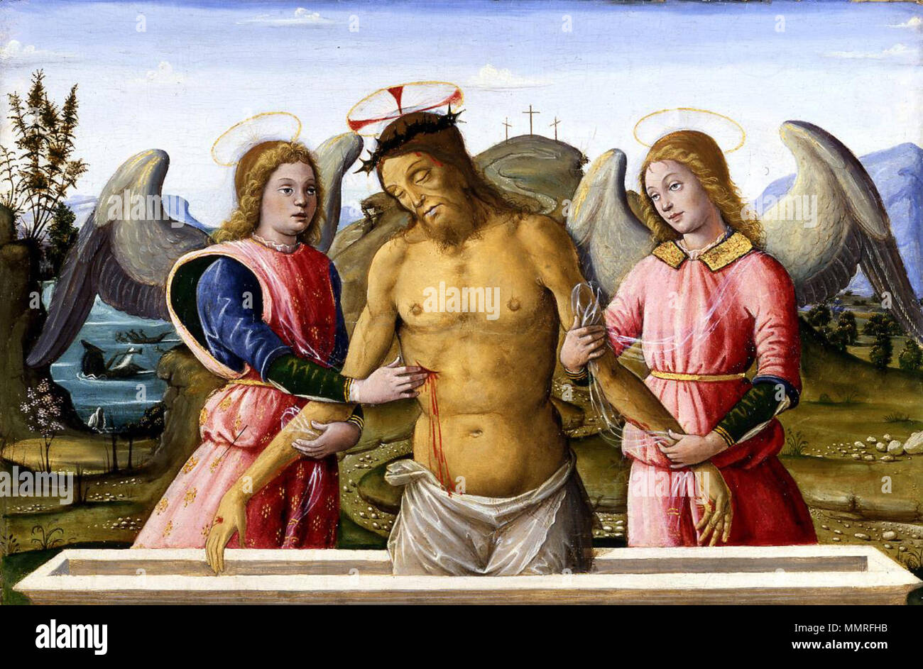 . Also referred to as The resurrection of Christ with two angels  The dead Christ supported by two Angels. between 1480 and 1520. Bernardino Fungai - The dead Christ supported by two Angels Stock Photo