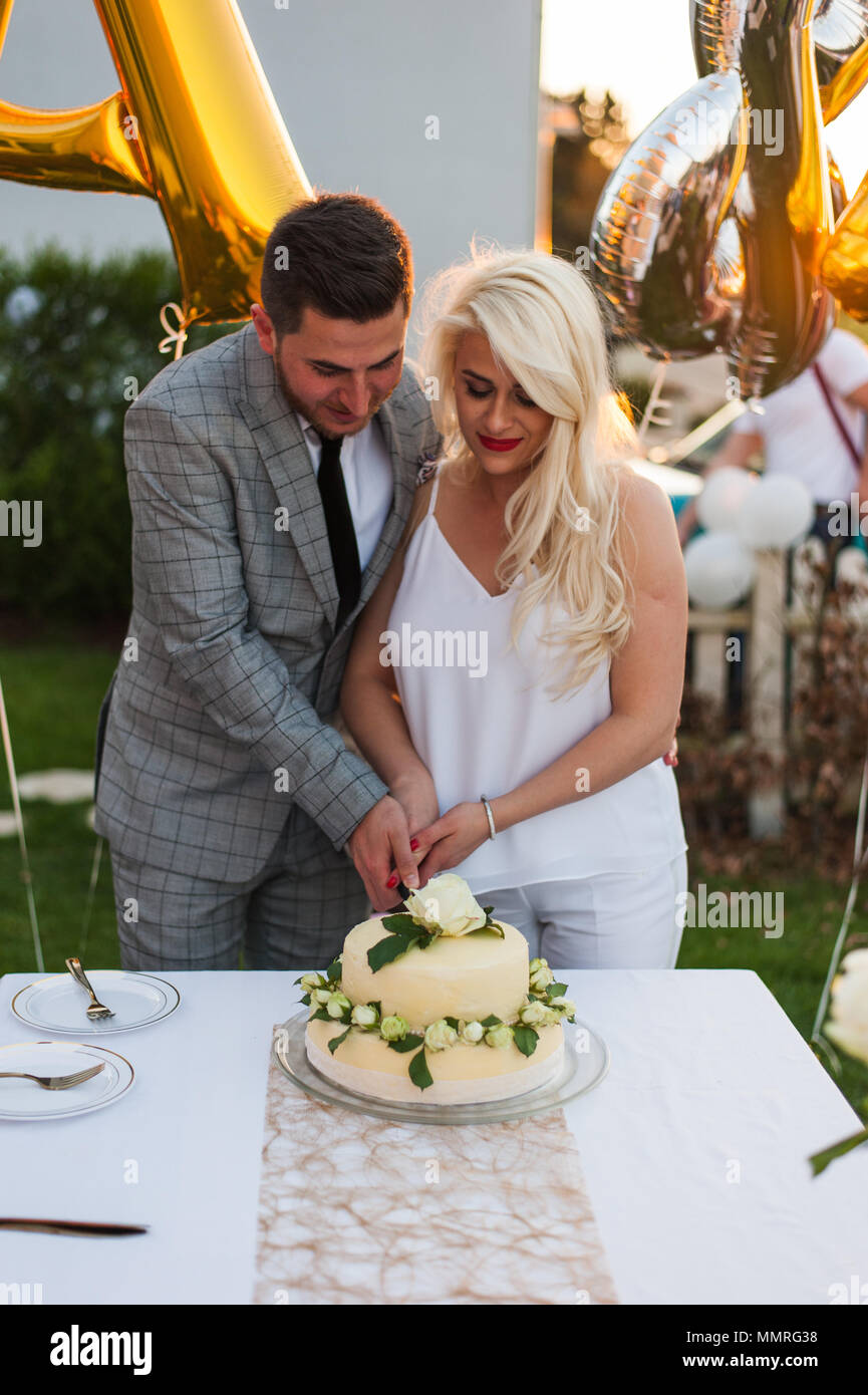 Bride and groom cutting wedding cake Stock Photo