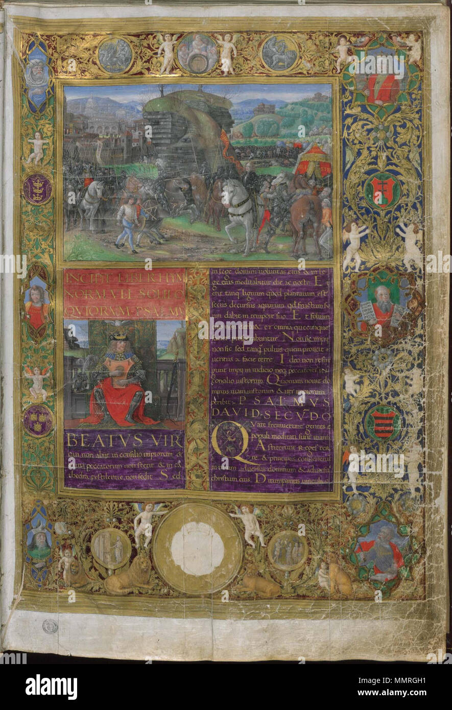 Français : Première page du livre des psaumes, Beatus Vir, bible de Mathias Corvin, 3e tome. circa 1489-1490. Bibbia di Matia Corvino - Plut.15.17 f2r - Beatus Vir Stock Photo