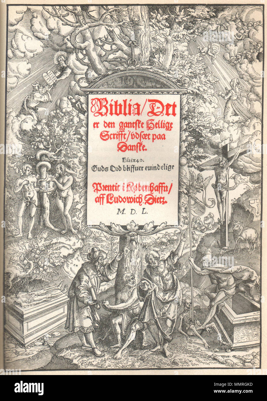 . English: Cover of Christian III:s Bible, the first complete translation of the Bible to Danish. A large tree divides the image between events from the Old Testament and the New Testament. On the left side, Old Testament, you can see Moses on Mount Sinai receiving the tablets of testimony from God. Also visible is the Fall of man and a coffin, as a symbol of death. The leaves of the tree are dry while on the right side (New Testament) the leaves are fresh, symbolizing the work of Christ. Also on the right side is the crucifixion. At the foot of the cross is John the Baptist and a Jewish rabbi Stock Photo