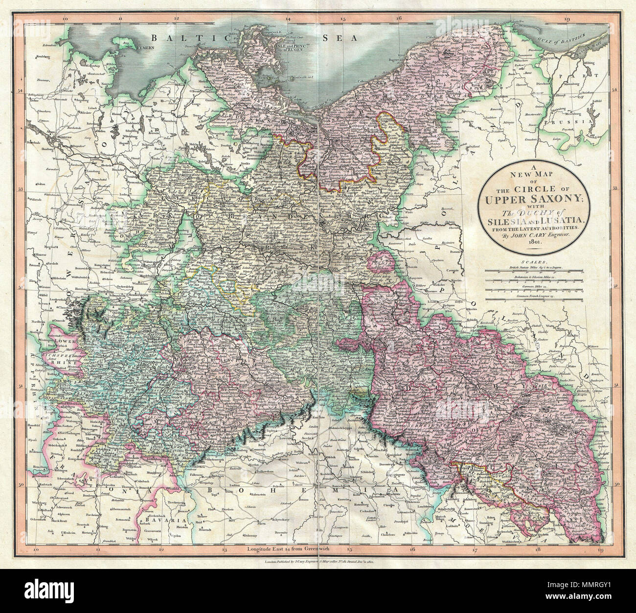 . English: An attractive example of John Cary’s 1801 map of Upper Saxony, Germany. Covers from the Baltic Sea south to Franconia, Bavaria, Bohemia and Moravia. Extends eastward as far as Poland. Includes the Duchy of Silesia, the Duchy of Lusatia, Prussian Pomerania, Electoral Mark of Brandenburg, and the Margraviate of Meissen. Notes the cities of Berlin, Prague, Dresden, and Leipzig among many others. Highly detailed with color coding according to region. Shows forests, cities, palaces, forts, roads and rivers. All in all, one of the most interesting and attractive atlas maps of Upper Saxony Stock Photo