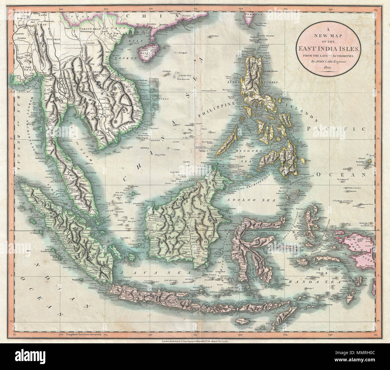 . English: An exceptionally beautiful example of John Cary’s important 1801 Map of the East Indies. Covers all of Southeast Asia and the Malay Peninsula, including Singapore, as well as the Philippines, Borneo, Sumatra, java, the Celebes, and parts of Papua New Guinea. One of the few maps of this region to label the volcanic island of Krakatoa between Java and Sumatra, which famously erupted, obliterating the entire island in 1883. Notes the Straits of Singapore at the southern tip of the Malay Peninsula. Offers wonderful detail regarding the mountain ranges of the region. Also shows some off  Stock Photo