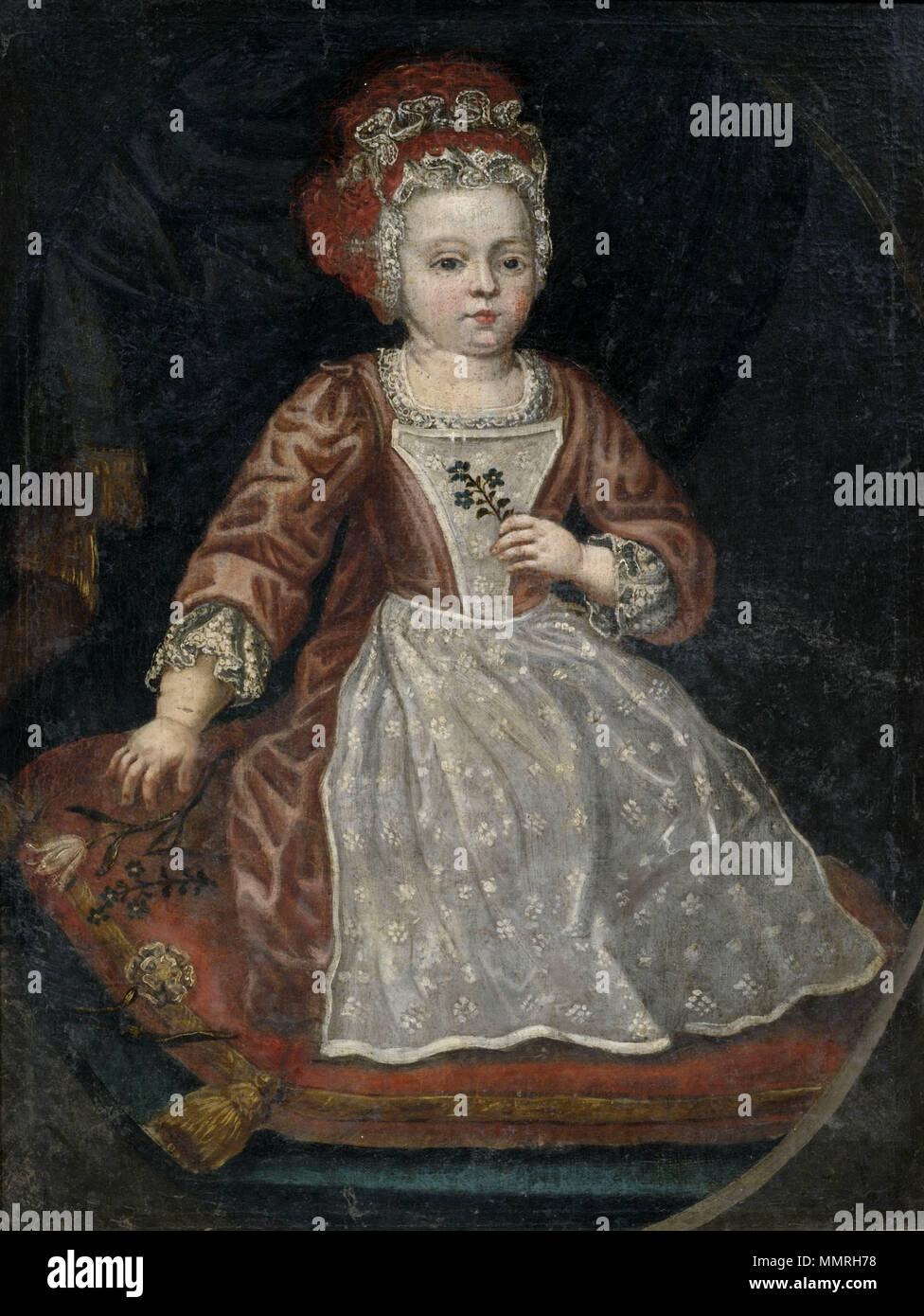 Bildnis eines kleinen Mädchens in rotem Kleid mit weißer Schürze 18 Jh Stock Photo