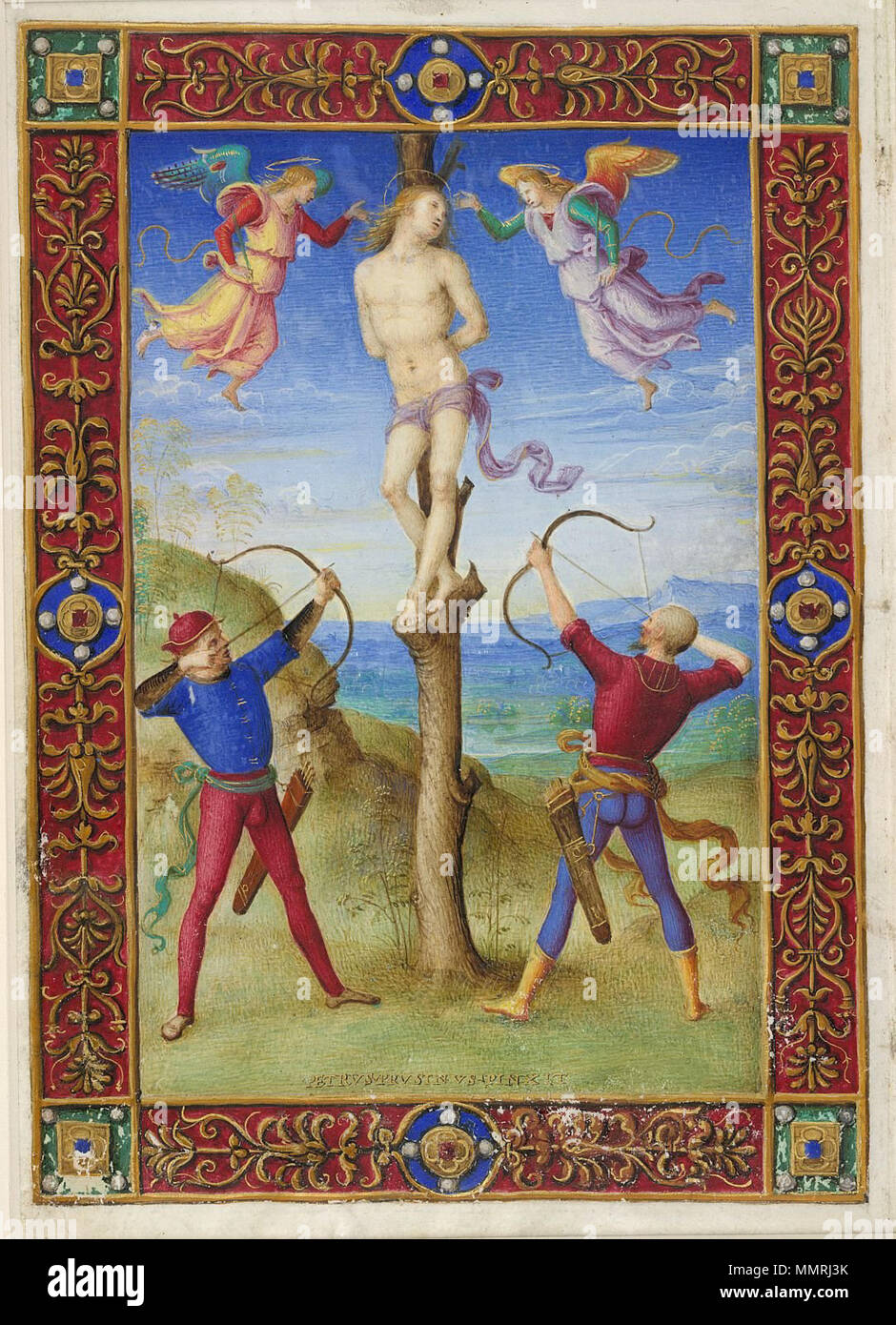 Français : Le martyr de saint Sébastien English: The martyrdom of St Sebastian . circa 1500. BL Perugino miniature Stock Photo