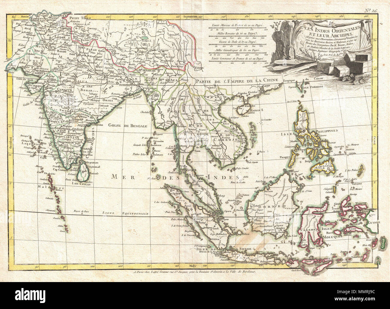 .  English: A beautiful example of Rigobert Bonne's c. 1770 map of India, Southeast Asia and the East Indies. Covers from Kandahar and the Maldives in the west eastward to include all of India, Southeast Asia (modern Burma, Thailand or Siam, Malaysia, Cambodia, Vietnam, Laos), the East Indies (Java, Sumatra, Borneo and the Celebes) and the Philippines. Also includes much of Tibet. Identifies countless cities, rivers, waterways, and states throughout the region. Names the Straight Singapore as Sin Capura. Vietnam is divided into the kingdoms fo Tonkin and Chochinchine. Includes the Tip of Formo Stock Photo