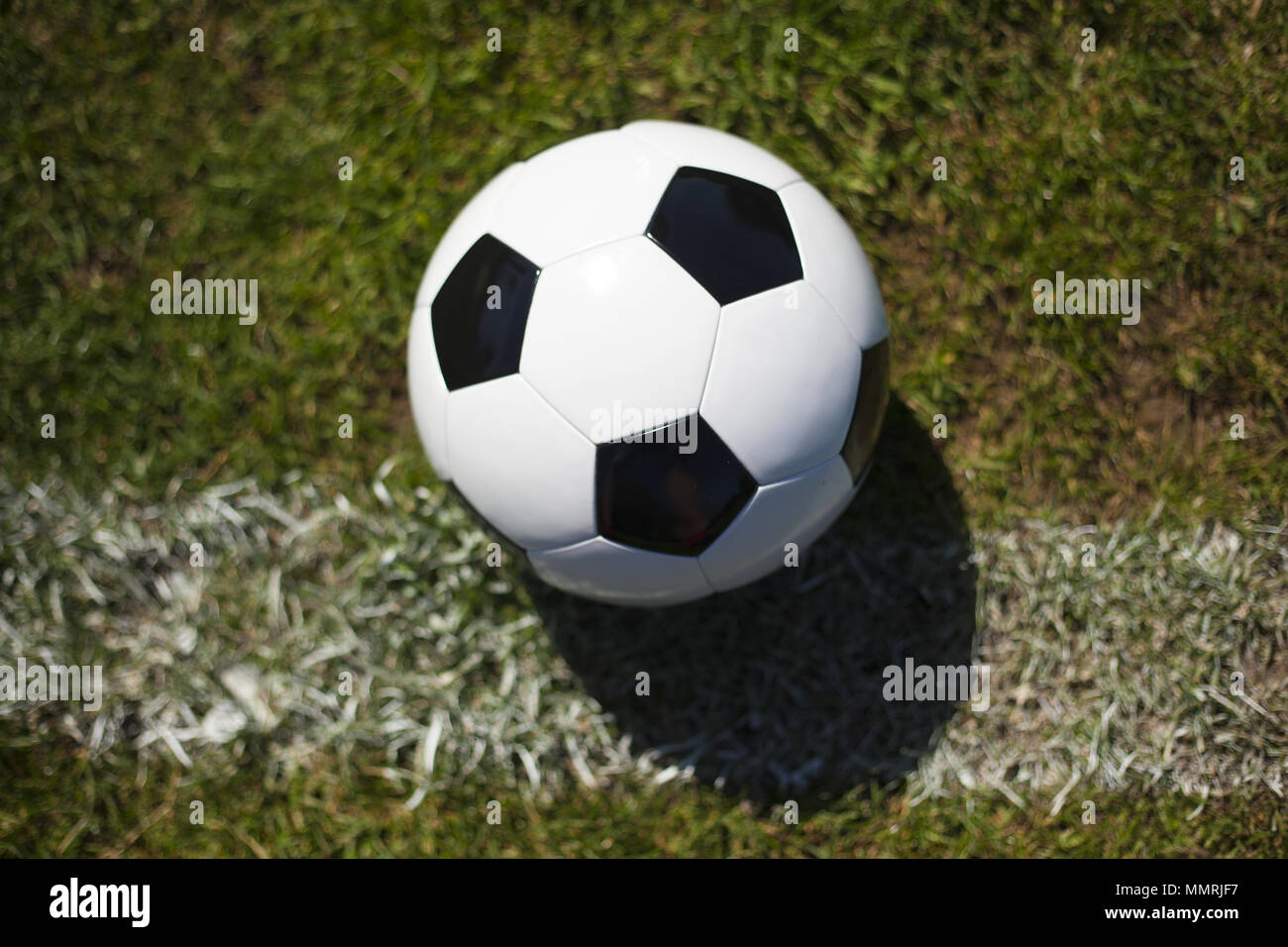 A black and white football on grass with a white line Stock Photo