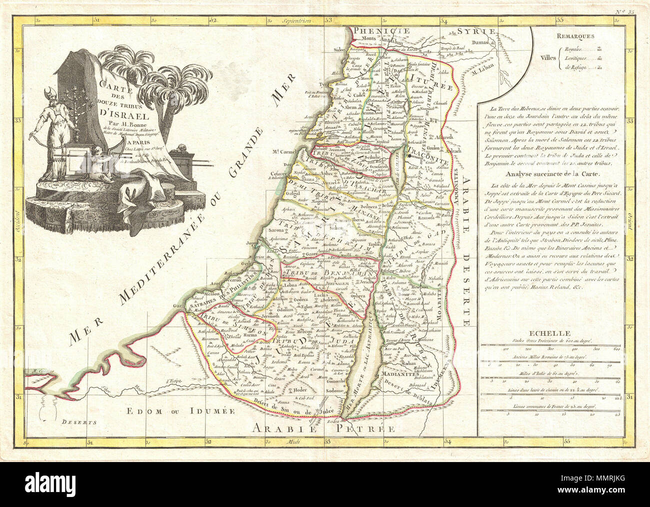 .  English: A beautiful example of Rigobert Bonne's c. 1770 decorative map of Israel or the Holy Land on both sides of the Jordan River. Covers the region as it existed in Biblical times with divisions for each of the Twelve Tribes of Israel. Notes on the construction of the map are featured in an inset on the right hand side of the page. The upper left quadrant features an decorative title cartouche featuring a menorah, a priest, a cherub, and what appears to be the Ark of the Covenant. Drawn by R. Bonne c. 1770 for issue as plate no. 35 in Jean Lattre's 1776 issue of the Atlas Moderne.  Cart Stock Photo