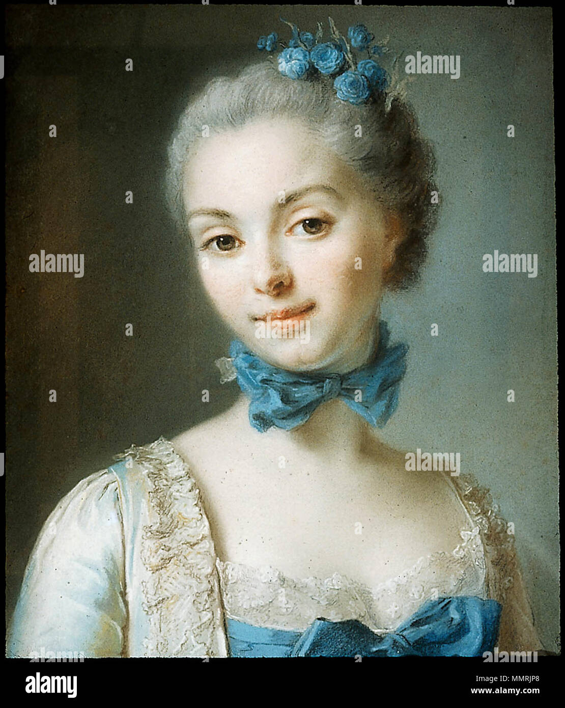 Portrait of a young woman wearing a blue ribbon at her throat. 18th