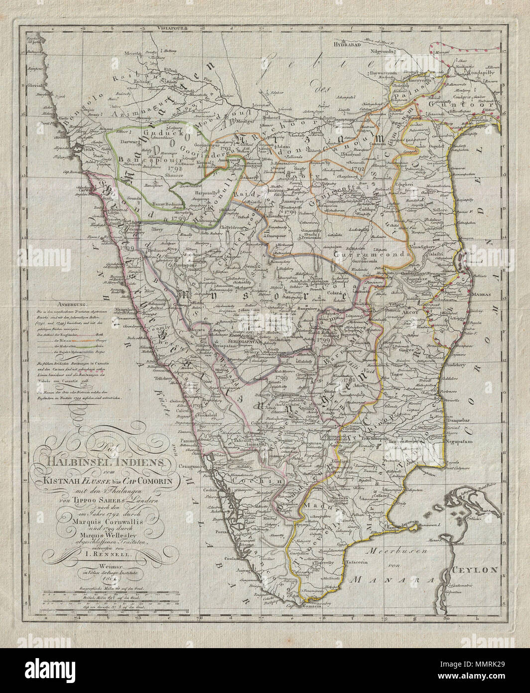 Hyderabad To Goa Map English: An Extremely Obscure German Edition Of Rennell's Important Late  18Th Century Mapping Of India. Covers The Subcontinent Roughly From  Hyderabad And Goa South To Comorin And Ceylon (Sri Lanka). Shows