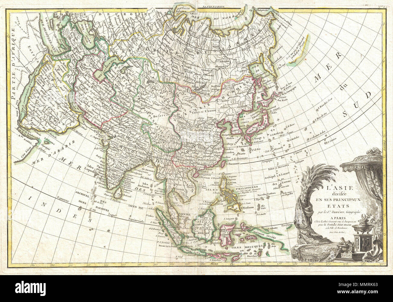 .  English: A beautiful example of Le Sieur Janvier's 1771 map of Asia. Covers from Africa and the Mediterranean east to Bering Strait (Detroit du Norte ou d'Anian) and south as far as Java and New Guinea. This map is most interesting in its rendering of the largely unexplored extreme northwest of Asia. Yeco or Hokkaido is mapped only speculatively with its western borders unknown. Shows Sakhalin Island in an embryonic state. Just to the east of Yeco (Hokkaido), Janvier maps the apocryphal Terre de Gama or Terre de la Company. Often called de Gamma Land or Gama, these islands were supposedly d Stock Photo