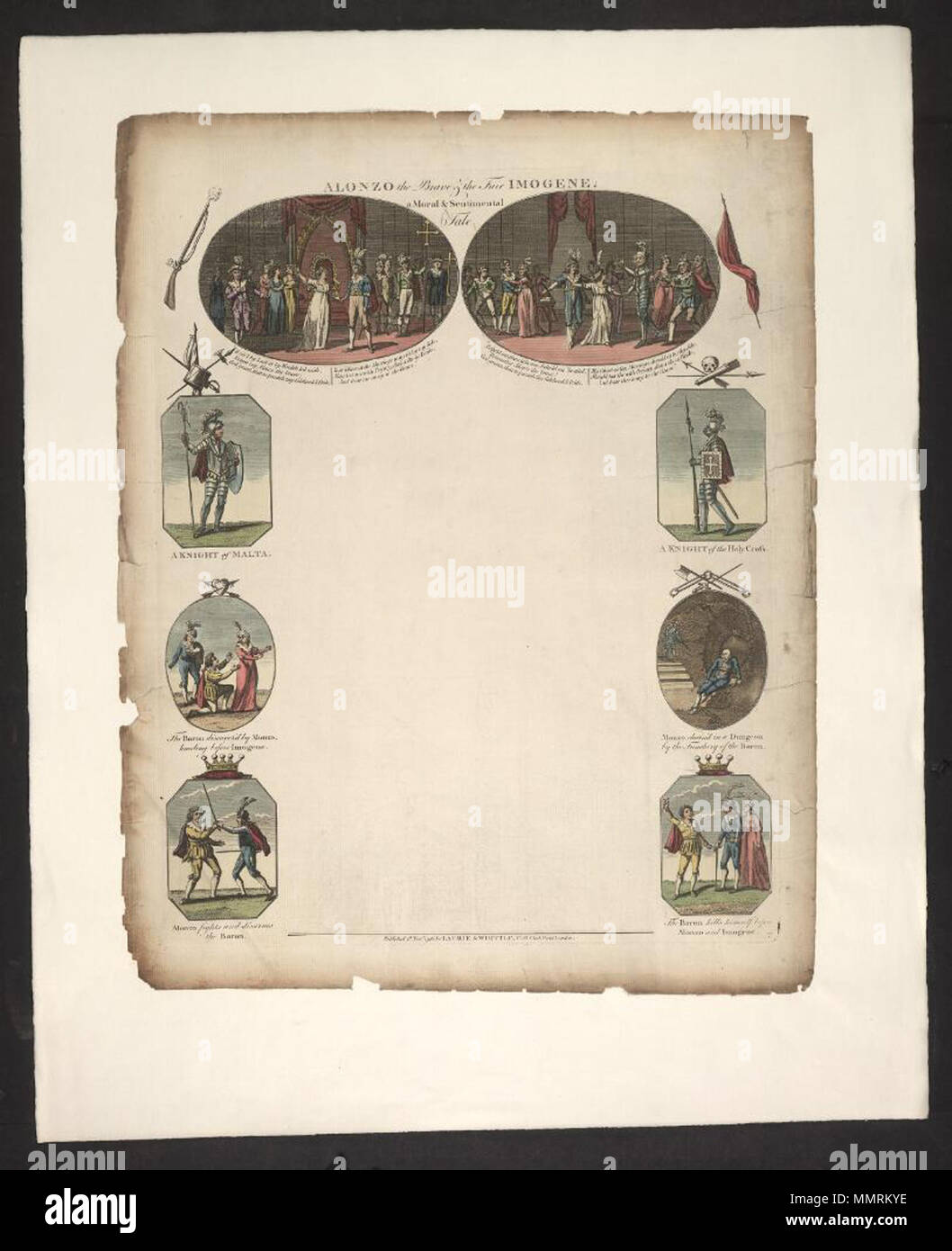 . Writing blank of 1796 entitled Alonzo the brave & the fair Imogene. A moral & sentimental tale; Knight of Malta; Knight of the Holy Cross; Baron discover'd by Alonzo, kneeling before Imogene; Alonzo chain'd in a dungeon by the treachery of the baron; Alonzo fights and disarms the baron; Baron kills himself before Alonzo and Imogene; Infant army - or future supporters of Liberty; Alonzo the brave & the fair Imogene. A moral & sentimental tale  Alonzo the brave & the fair Imogene. A moral & sentimental tale. 1 November 1796. Robert Laurie and James Whittle [author] Bodleian Libraries, Alonzo t Stock Photo
