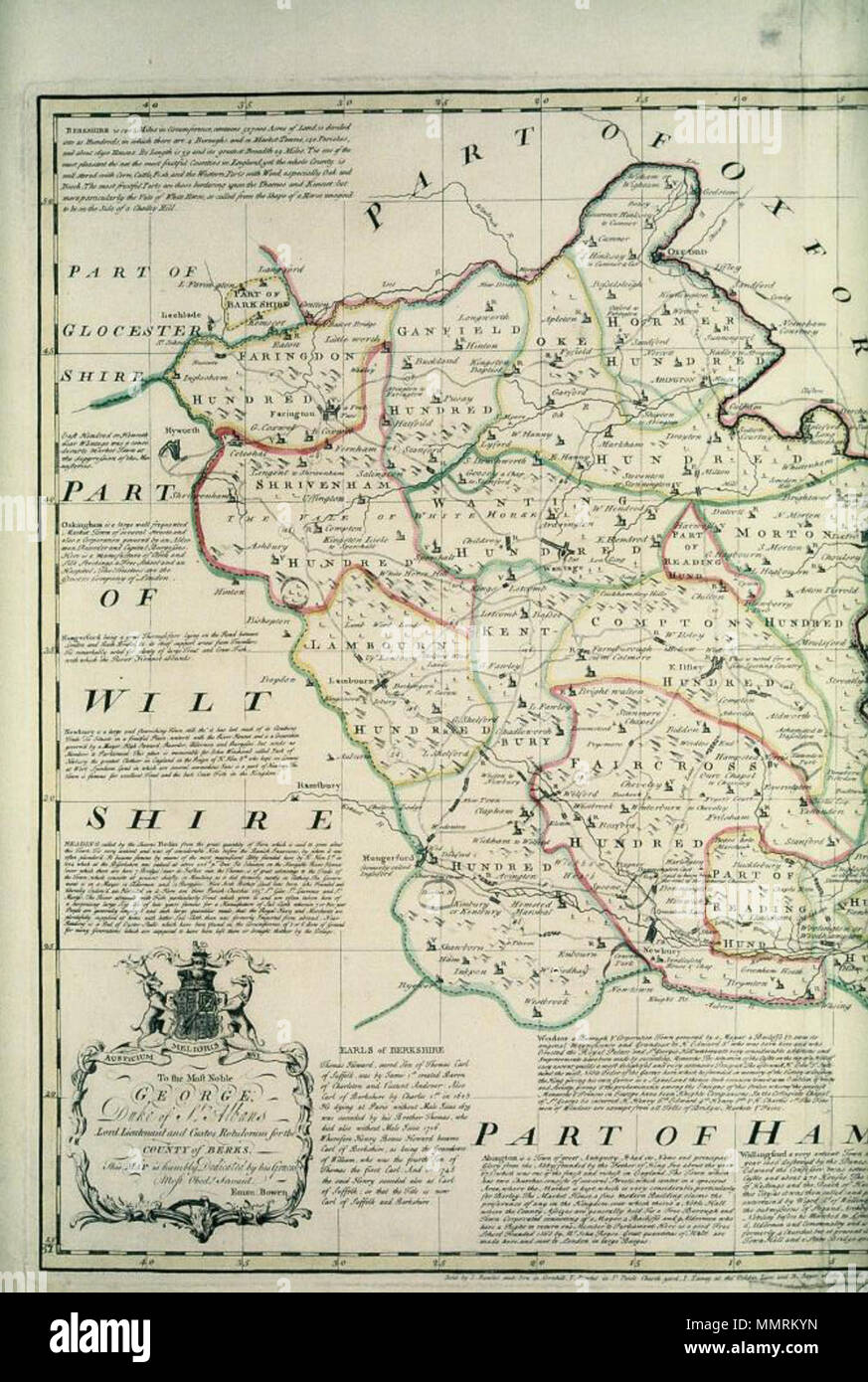 . Map of Berkshire with coloured boundaries for its Hundreds; at a scale approx. one inch to 2 1/4 miles (1:142,560). Title cartouche with Garter regalia for Windsor, the castle in the background, and bolts of cloth, probably tailors' cloth made at Newbury, in Emanuel Bowen & Thomas Kitchin, The Large English Atlas.. (Photographed in two halves).; Image 1  An Accurate Map of Berkshire Divided into its Hundreds. 1756. Bodleian Libraries, An Accurate Map of Berkshire Divided into its Hundreds Image 1 Stock Photo