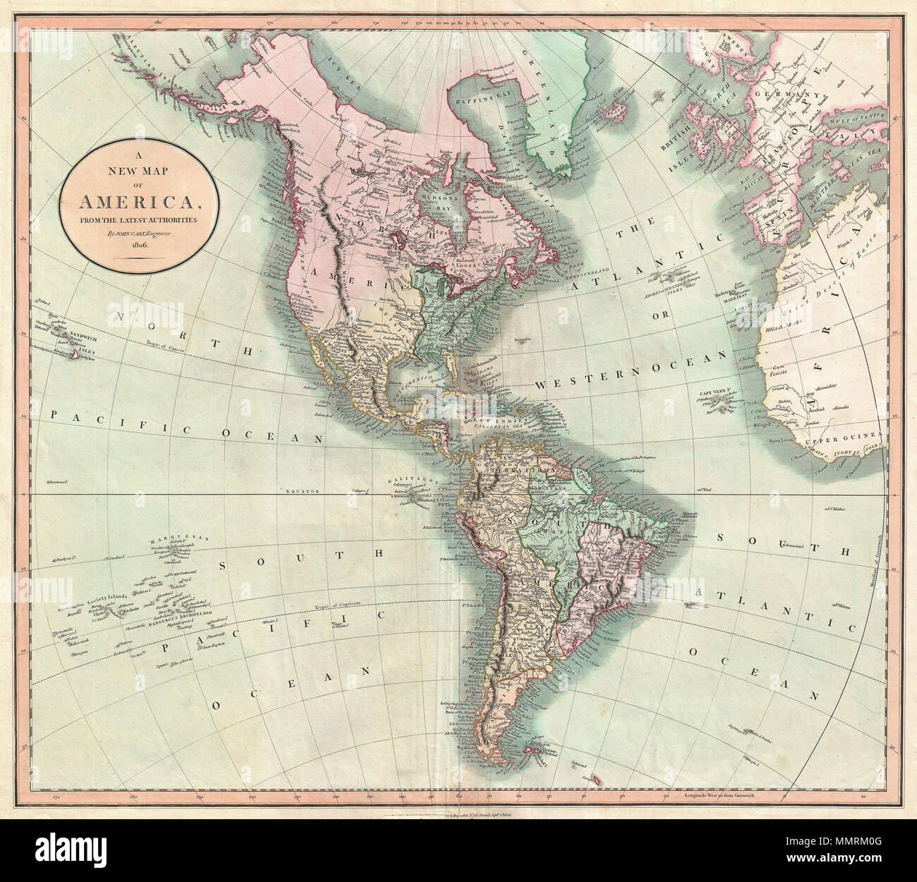 English: An exceptionally beautiful example of John Cary's important 1806  Map of North and South America. Covers the entirety of the Western  Hemisphere with a focus on North and South America.