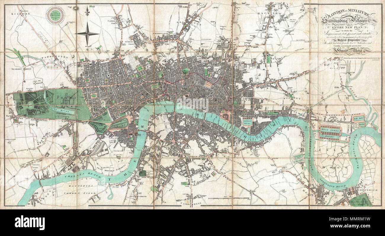 .  English: An extraordinary first edition example of Edward Mogg's important 1806 case map of London, England. Covers the central part of London from Kensington to Greenwich and the East India Docks. Of this stunning map, Mogg writes ...like the clue of Ariadne, [it] will conduct him through the labyrinth, and, occasionally consulted, will enable him, unattended, to thread with ease the mazes of this vast metropolis Mogg's map of London offers extraordinary and beautifully engraved detail throughout noting all streets, parks, and numerous important buildings. Illustrates a relatively primitiv Stock Photo