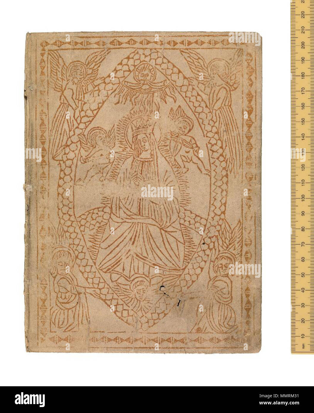 . An early paper-covered binding. Italian (Bologna?), c. 1491(?). Paper wrappers decorated with a woodcut image in red of the Virgin Mary within a mandorla. Although this cover lacks the book it was made for, the woodcut is another impression of one on the unique copy of the Miracoli della Madonna (Bologna, 1491), suggesting the wrapper indicated the subject-matter of the book.  Assumption of the Virgin. between 1490 and 1492. Bodleian Libraries, Assumption of the Virgin Stock Photo