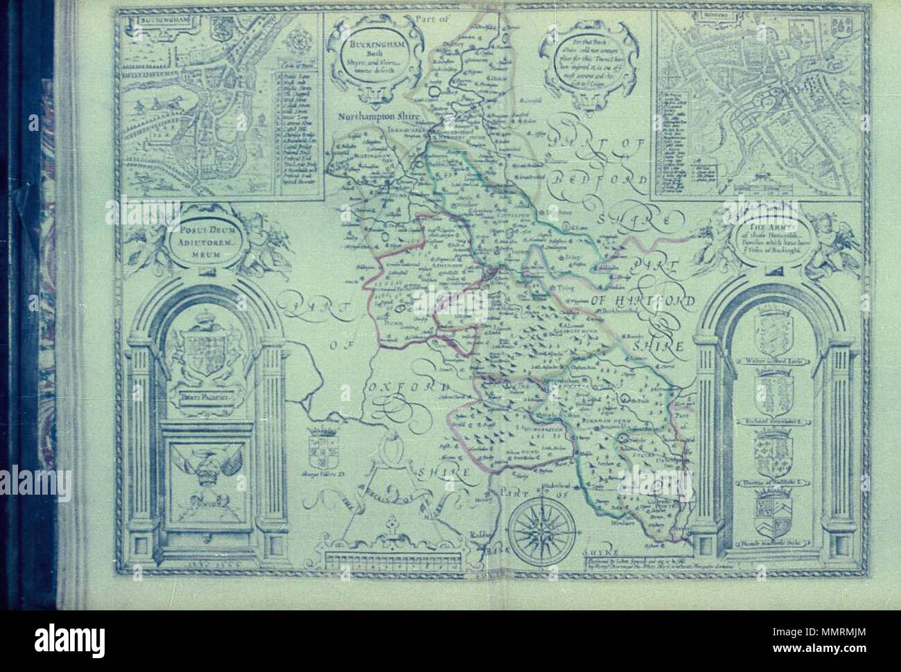 . John Speed's map of Buckinghamshire with inset town plans of Buckingham and Reading  Buckingham Both Shyre and Shire-towne describ. 1666. Bodleian Libraries, Buckingham Both Shyre and Shiretowne describ Stock Photo