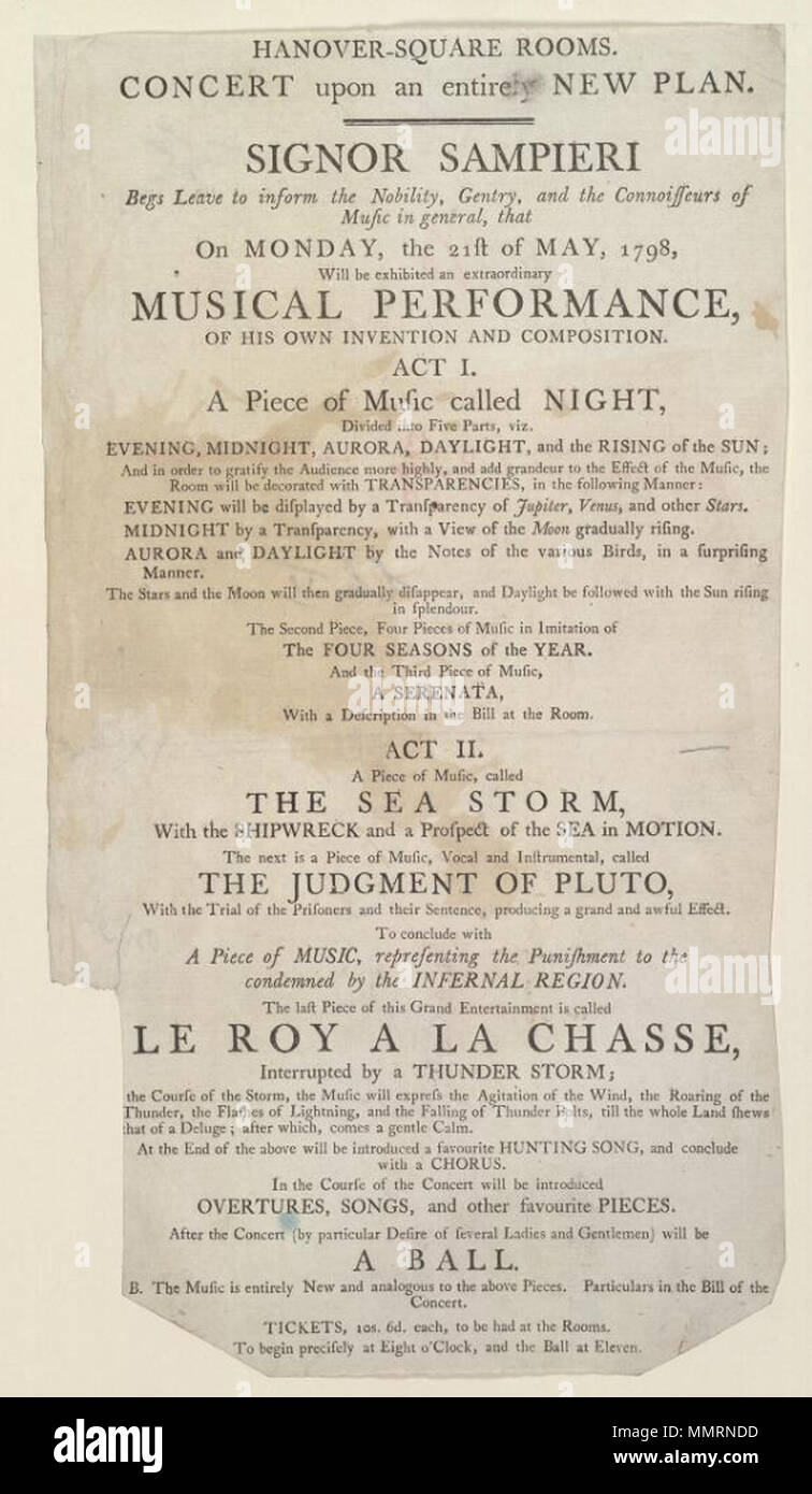 Concert bill of Hanover-Square Rooms, Monday, the 21st of May, 1798,  announcing a concert upon an entirely new plan; 'The music is entirely new  and analogous to the above pieces. Particulars