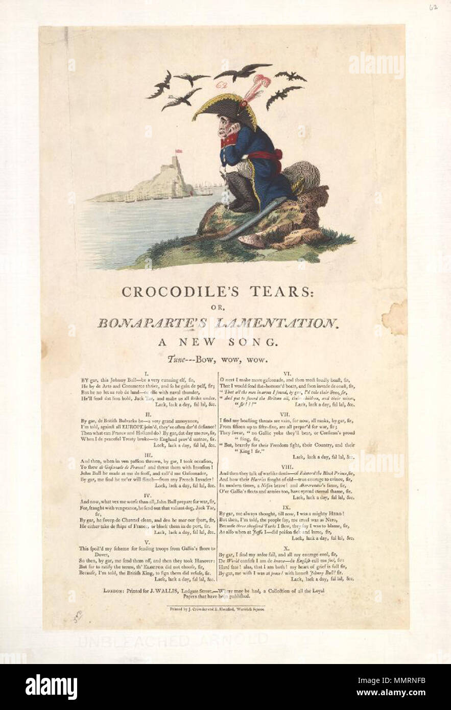 . Satire on the fear of French invasion, 1794-1805. (British political cartoon); Napoleon sits on a rocky outcrop, weeping. He looks towards the castle of Albion, well protected by the British navy.; Numbered in red ink: 62. Bee stamp. With a song in 10 stanzas  Crocodiles tears: or,: Bonaparte's lamentation. [1803-10]. Bodleian Libraries, Crocodiles tears- or,- Bonaparte's lamentation Stock Photo