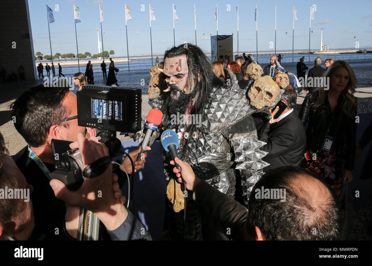 Portugal, Lisbon. 12th May 2018. Mr. Lordi (Tomi Petteri Putaansuu), singer of Finnish band Lordi, arrives at the finals of the 63rd Eurovision Song Contest. Photo: Jörg Carstensen/dpa Credit: dpa picture alliance/Alamy Live News Stock Photo