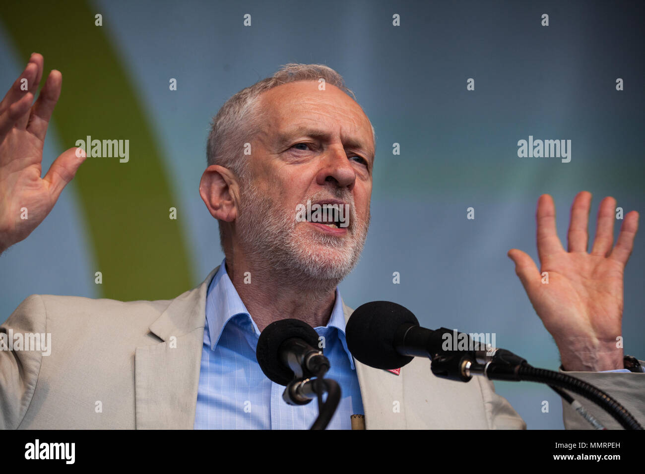 London, UK. 12th May, 2018. Jeremy Corbyn, Leader of the Opposition, addresses tens of thousands of people attending a New Deal for Working People rally in Hyde Park organised by the TUC to call for more and better jobs and a more equal and prosperous country. Stock Photo