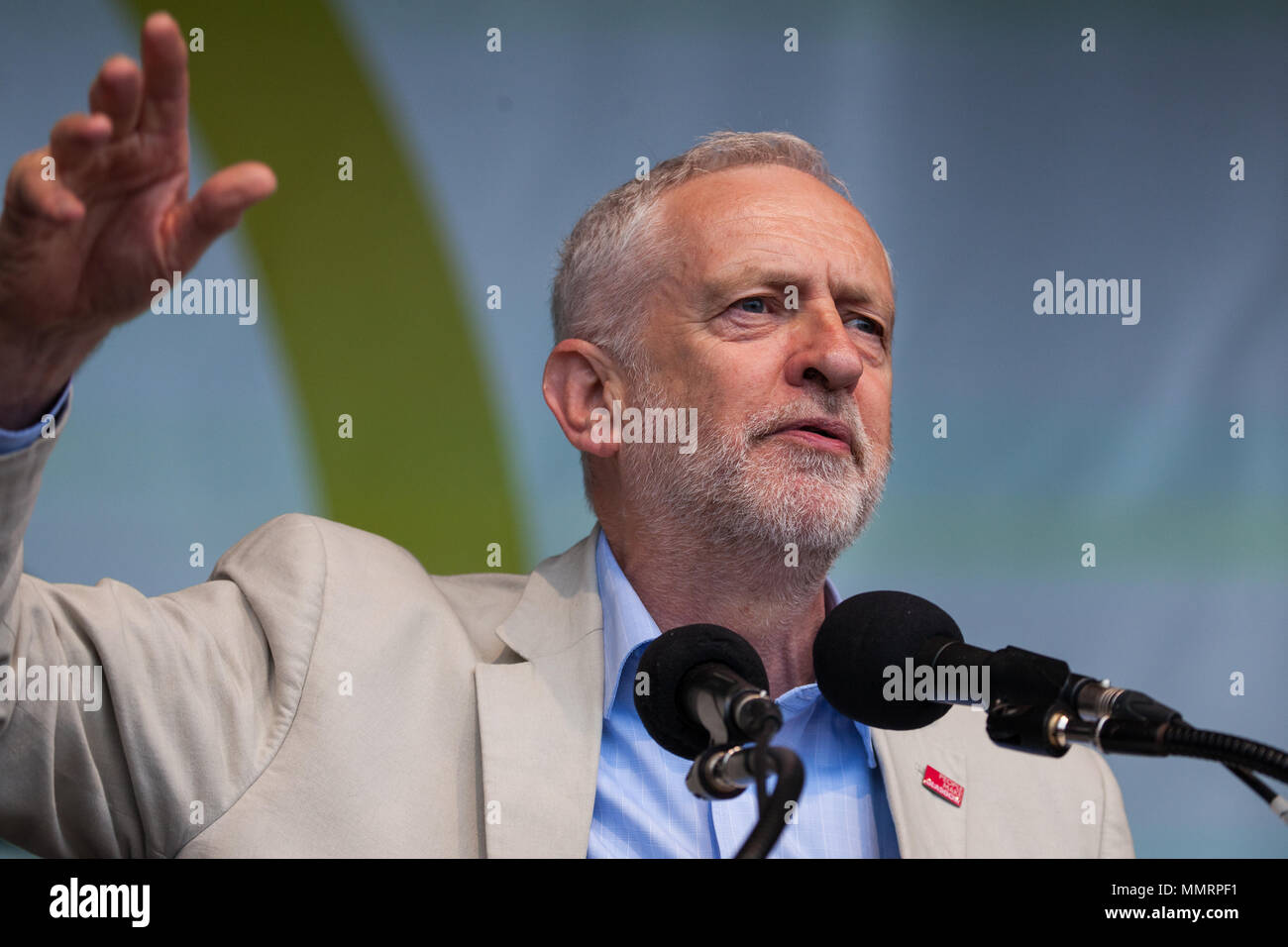 London, UK. 12th May, 2018. Jeremy Corbyn, Leader of the Opposition, addresses tens of thousands of people attending a New Deal for Working People rally in Hyde Park organised by the TUC to call for more and better jobs and a more equal and prosperous country. Stock Photo
