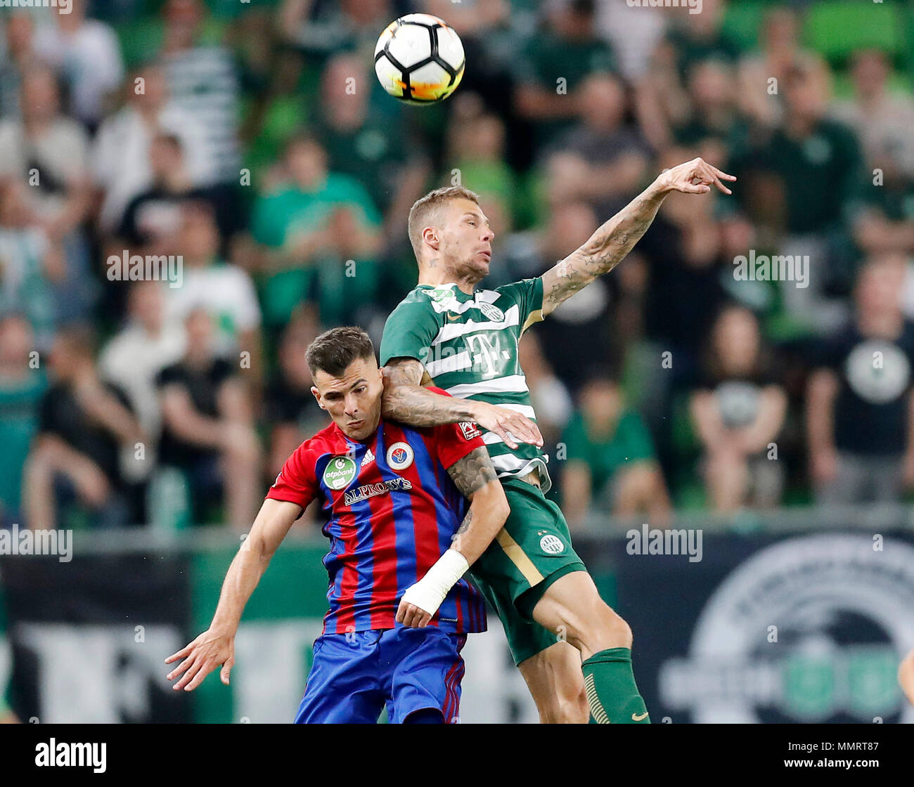 BUDAPEST, HUNGARY - MAY 12: (r-l) Leandro De Almeida 'Leo' of Ferencvarosi  TC celebrates the goal with Roland Varga of Ferencvarosi TC during the  Hungarian OTP Bank Liga match between Ferencvarosi TC