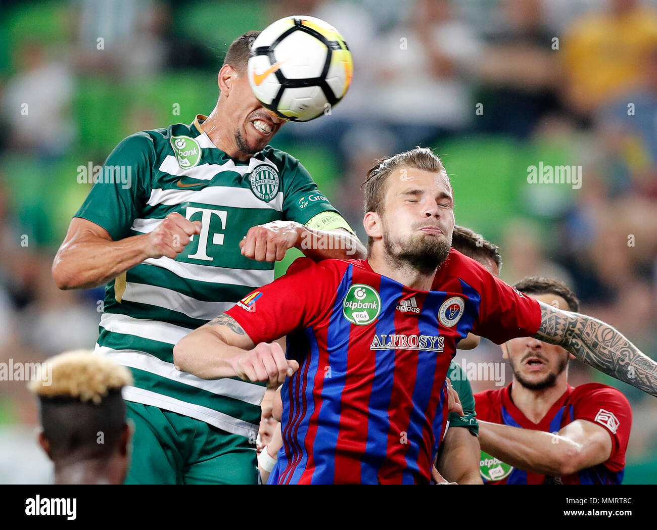 BUDAPEST, HUNGARY - MAY 12: (r-l) Leandro De Almeida 'Leo' of Ferencvarosi  TC celebrates the goal with Roland Varga of Ferencvarosi TC during the  Hungarian OTP Bank Liga match between Ferencvarosi TC