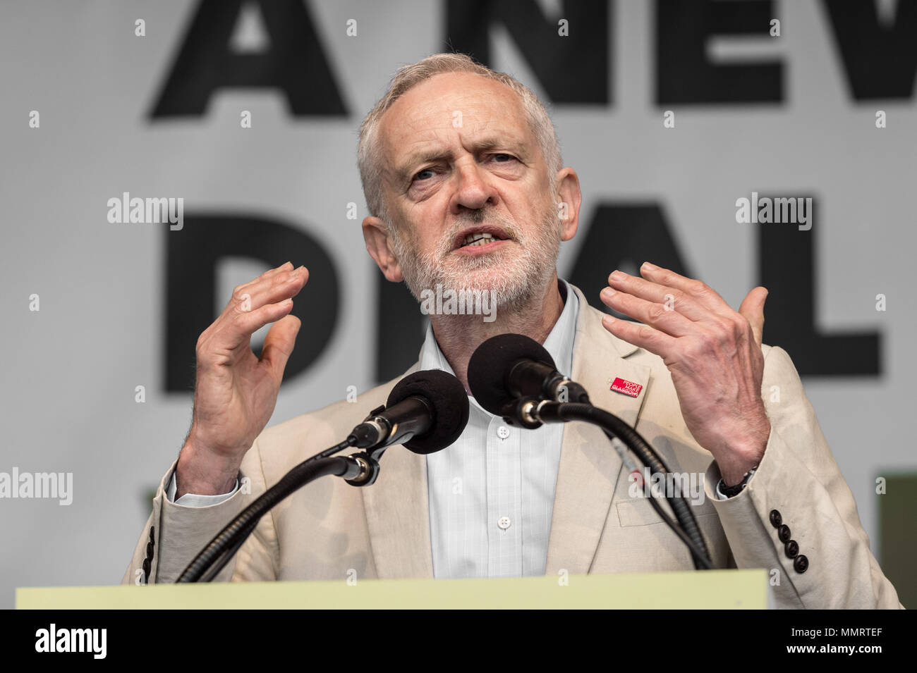 London, UK. 12th May, 2018. Jeremy Corbyn, The Labour Party leader, speaks to a crowd of  thousands of trade unionists during a TUC rally in Hyde Park on the theme of ‘a new deal for working people'. Credit: Guy Corbishley/Alamy Live News Stock Photo