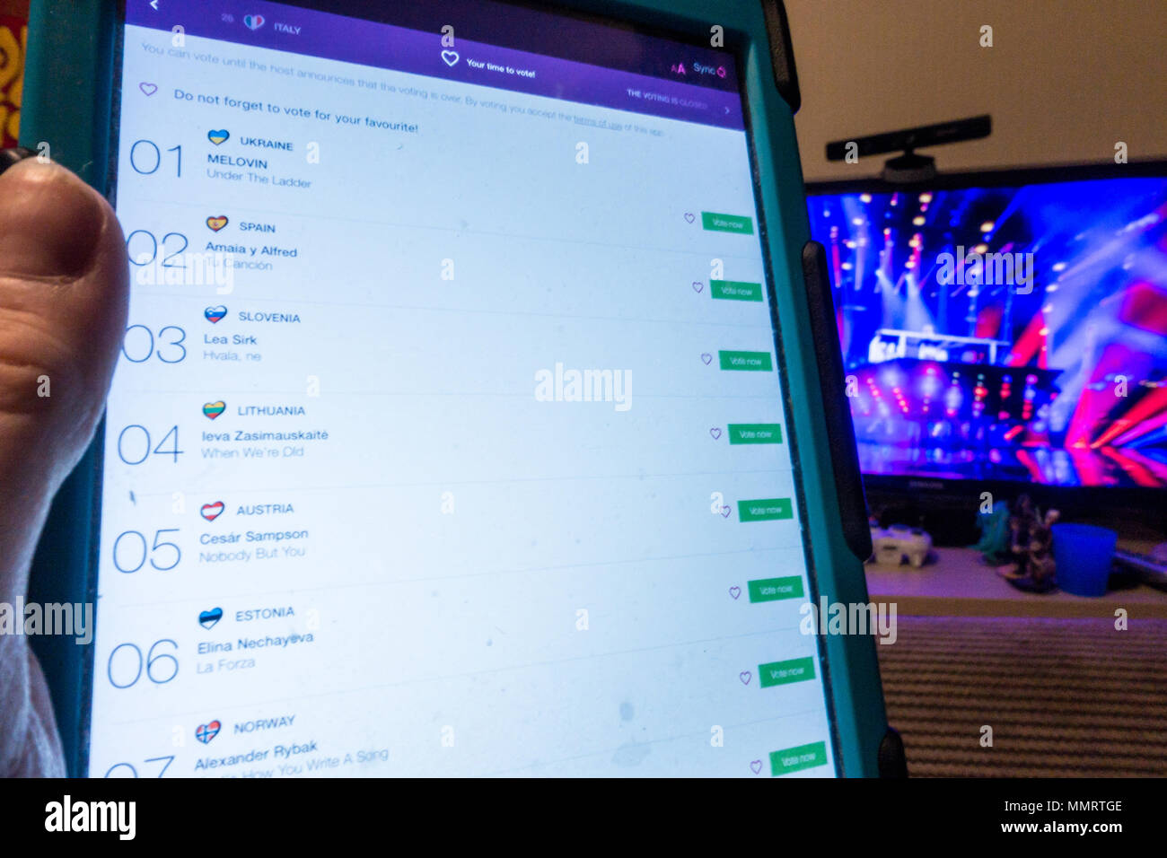 Using the Eurovision app to vote for a winner of the Eurovision song