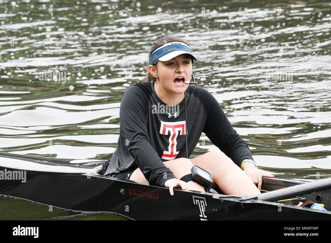 Philadelphia, Pennsylvania, USA. 12th May, 2018. Temple University rowing  coxswain in action at the Dad Vail Regatta The Jefferson Dad Vail Regatta,  now in its 80th year, is the largest collegiate regatta
