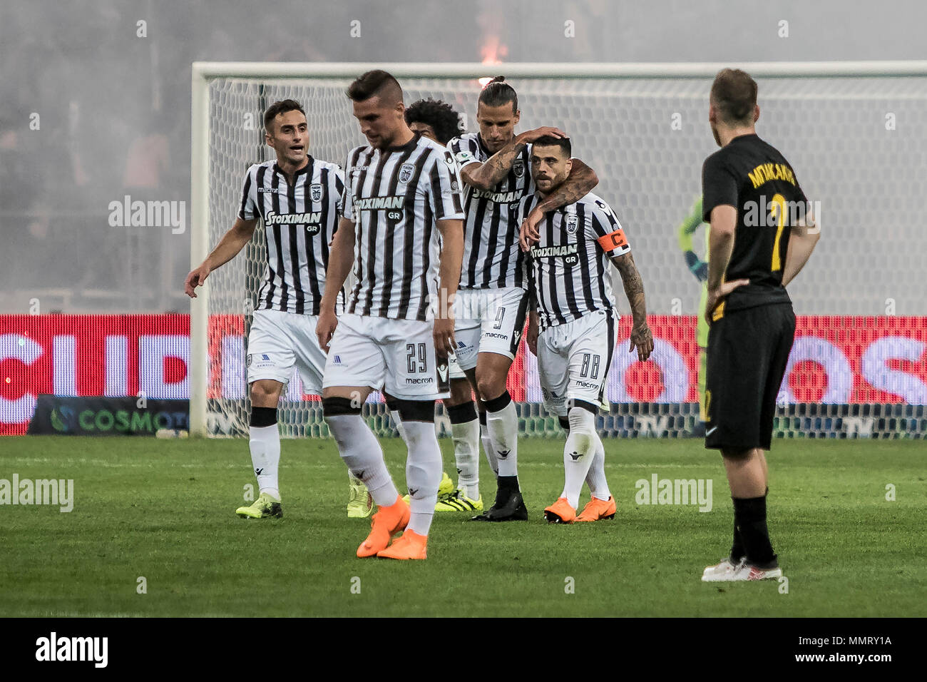 Athens, Greece. 12th May, 2018. PAOK Thessaloniki's players celebrate  during the Greek Cup Final soccer match against AEK Athens at the Olympic  Stadium in Athens, Greece, on May 12, 2018. PAOK Thessaloniki