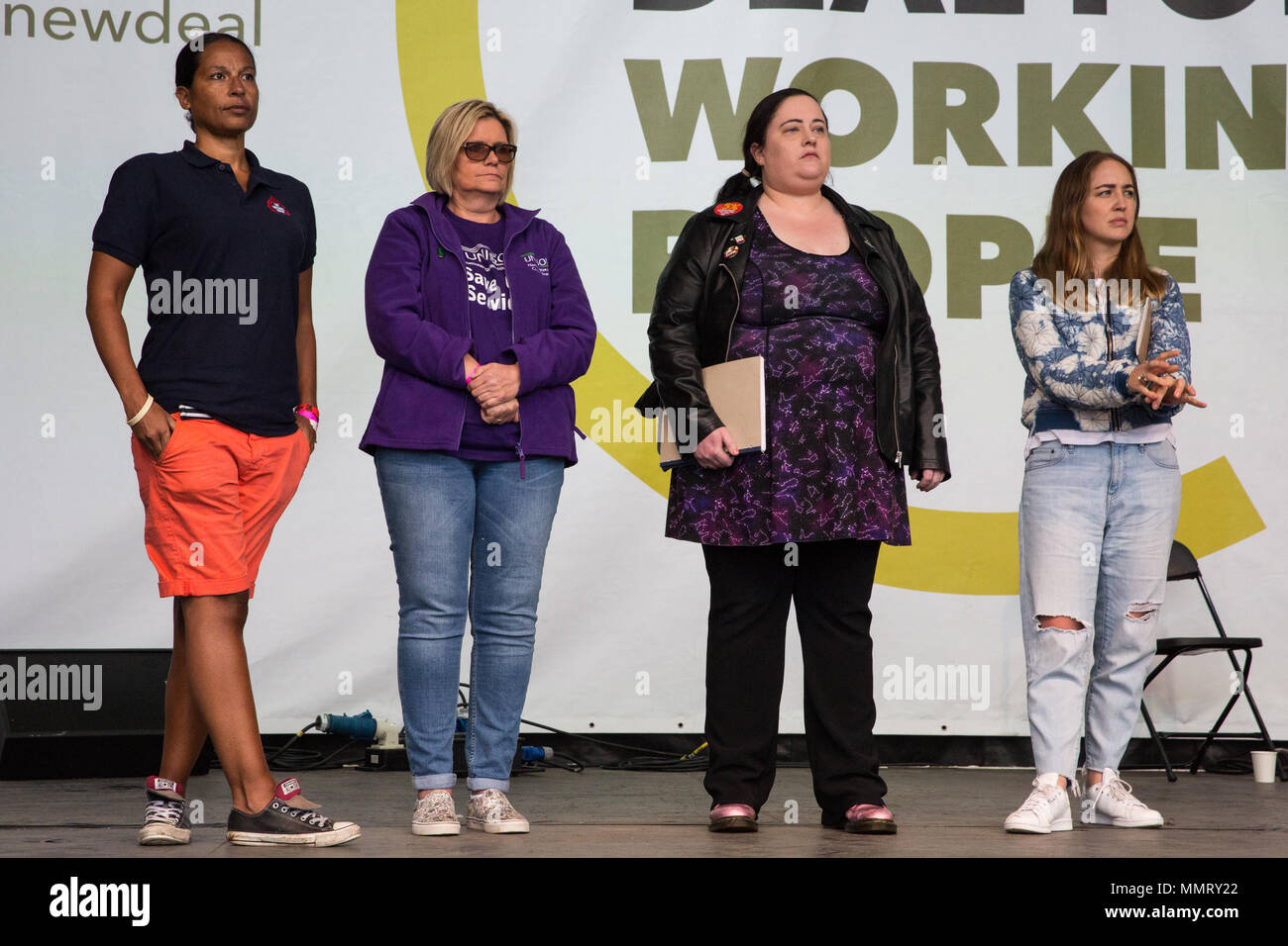 London, UK. 12th May, 2018. Speakers listen to other speeches at the New Deal for Working People rally organised by the TUC to call for more and better jobs and a more equal and prosperous country. Credit: Mark Kerrison/Alamy Live News Stock Photo