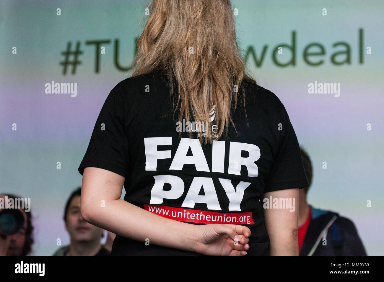 London, UK. 12th May, 2018. TGI Fridays striker Lauren Townsend at the New Deal for Working People rally organised by the TUC to call for more and better jobs and a more equal and prosperous country. Credit: Mark Kerrison/Alamy Live News Stock Photo